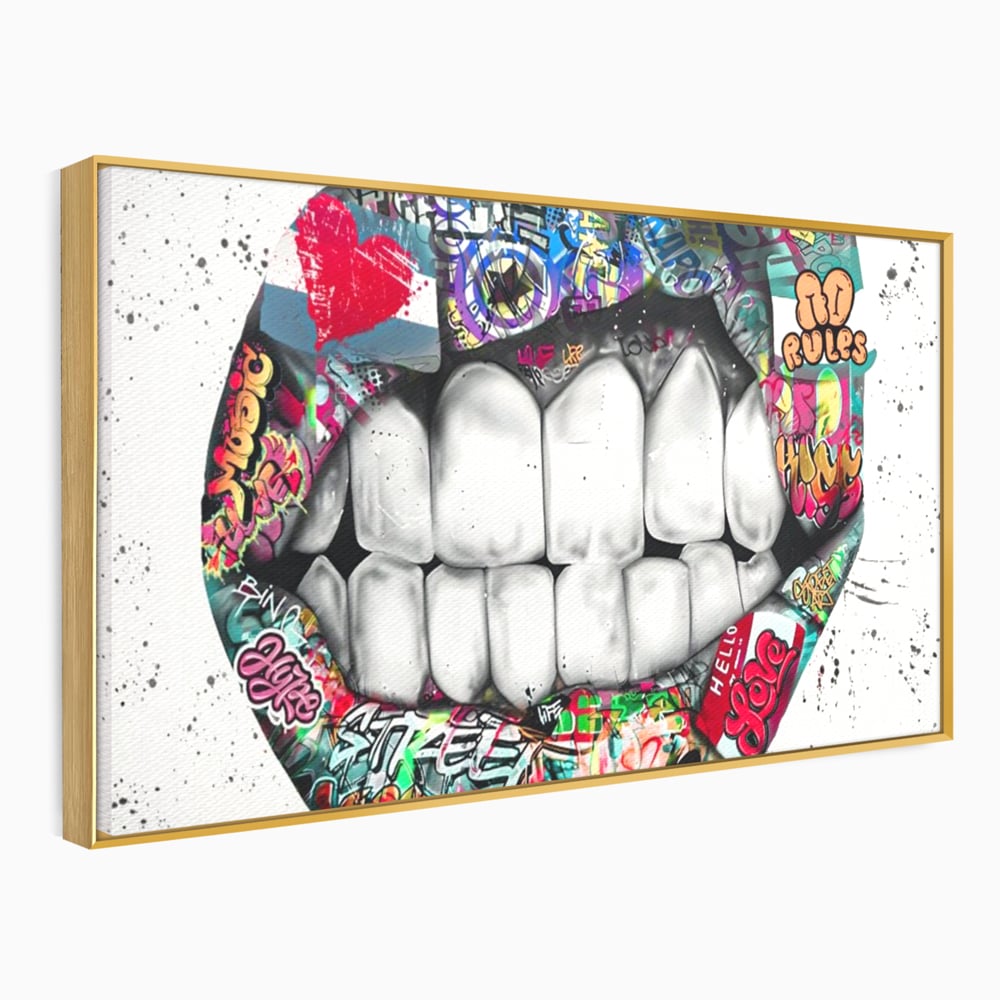 Tablou canvas cu tablou canvas cu buze graffiti, in rama de aluminiu auriu